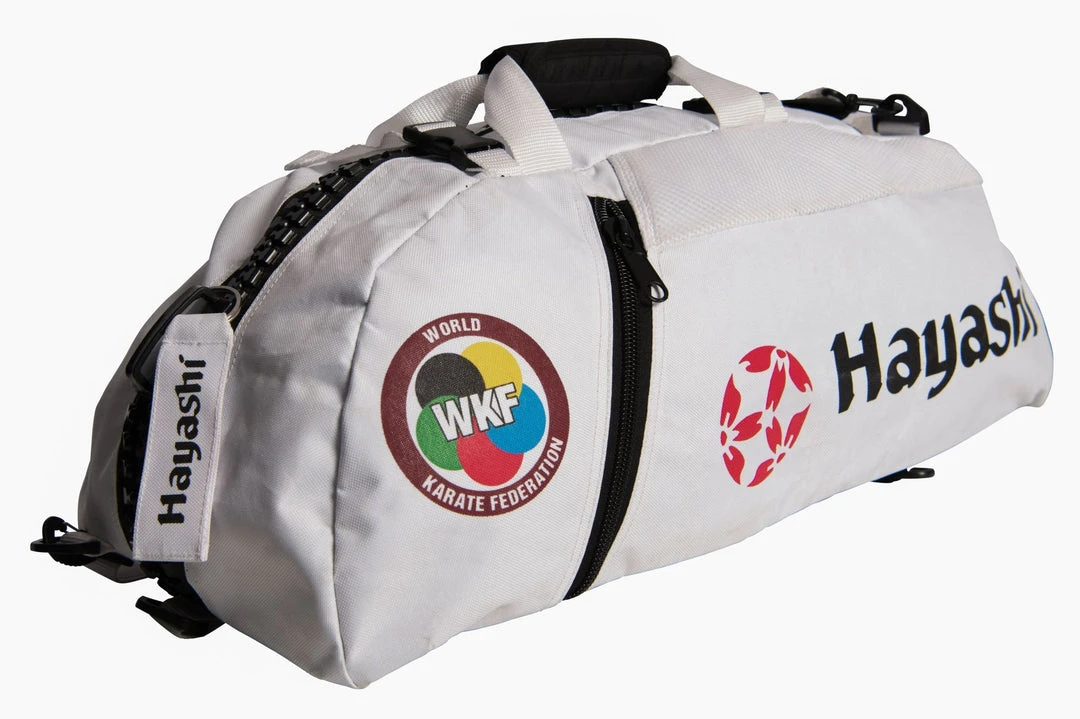 Hayashi WKF Gym Bag / Backpack Combo - White L, 8041-10 TRAINING 3 Hayashi WKF Gym Bag / Backpack Combo - White L, 8041-10 TRAINING